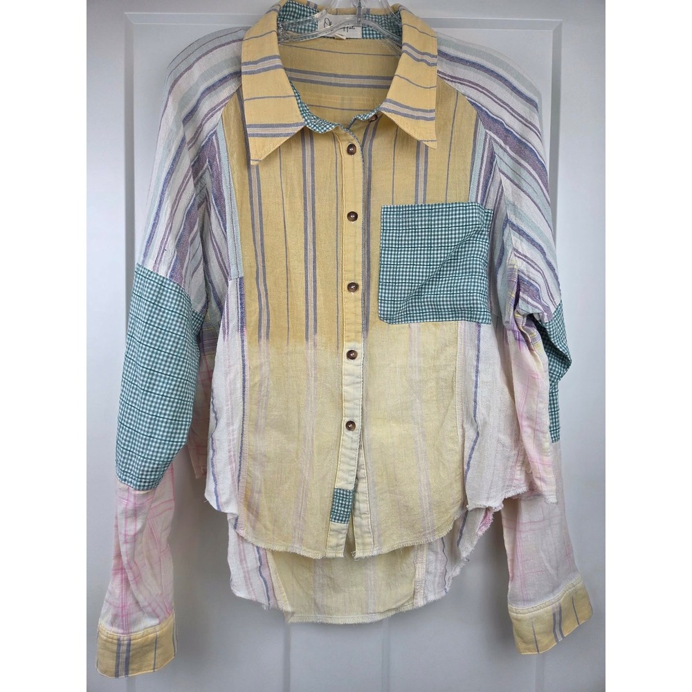 Oli & Hali Patchwork Striped Button Down Shirt Women Size Small Boho Cottagecore
